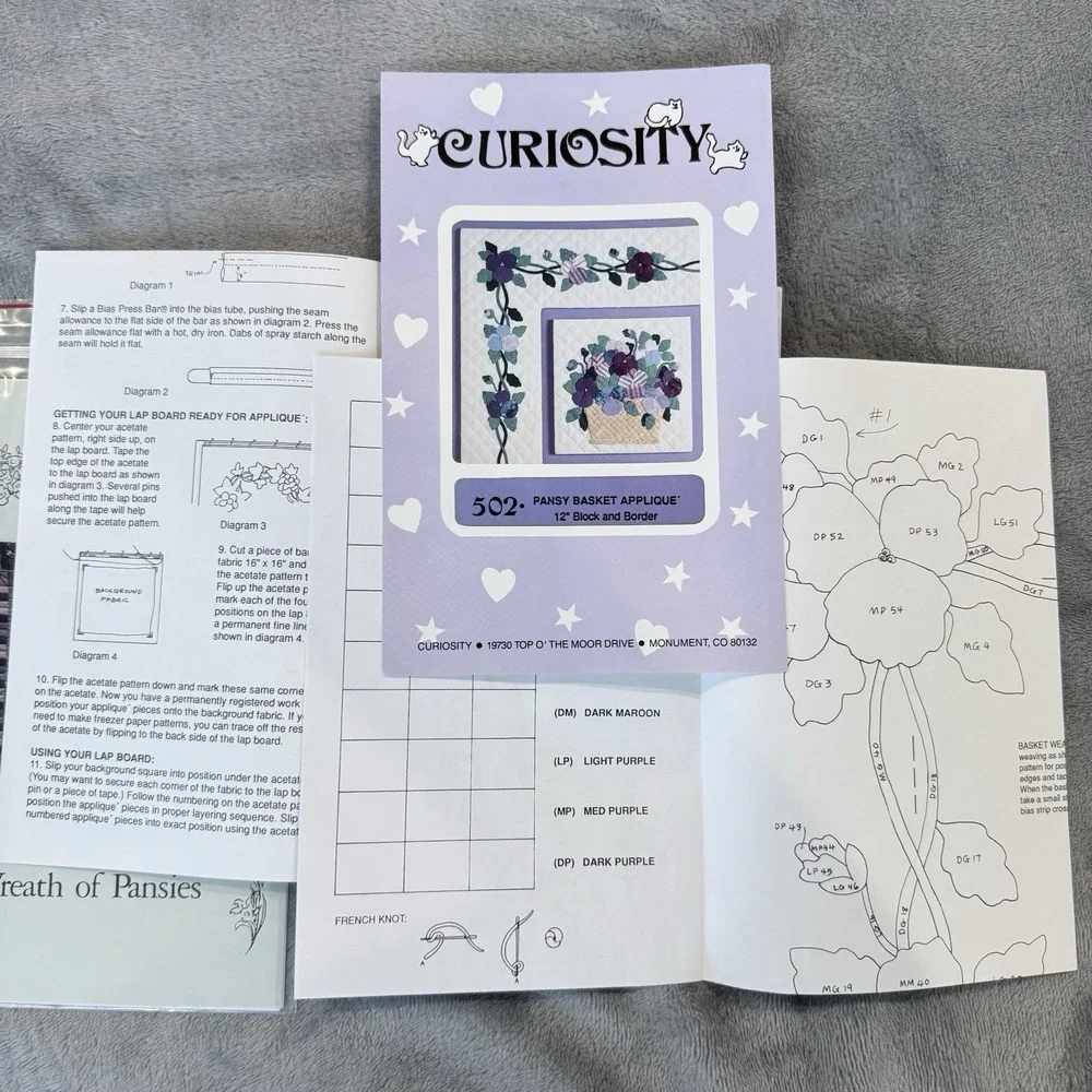 Lot 3 Vintage Quilt Patterns Floral Applique Pansy Morning Glory Wreath 1990s